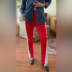 Retro style adidas Red Track Pants with White Side Stripes and Ankle Zip